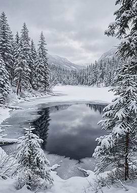 Winter Lake Landscape with Snow-Covered Trees