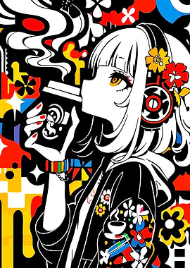 Anime Girl Drinking Coffee Pop Art