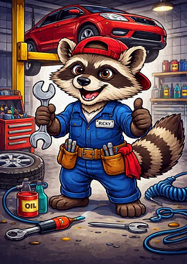 Cartoon Raccoon Mechanic in Garage