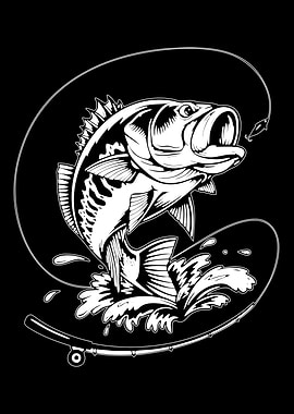 Bass Fishing Black and White Illustration