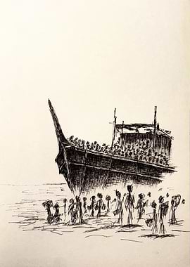 Boat Arrival Ink Sketch