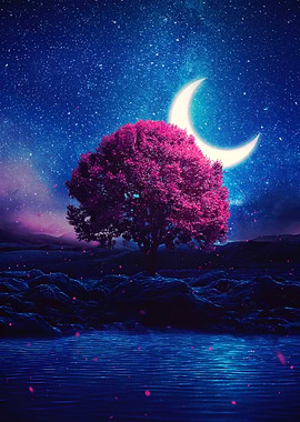 Pink Tree Under Crescent Moon
