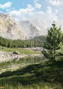 Mountain Lake Landscape with Pine Tree