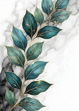 Elegant Teal Leaves on Marble Background