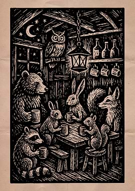 Forest Animals Gathering Vintage Art