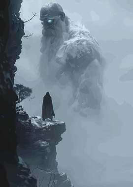 Giant and Cloaked Figure on Cliff