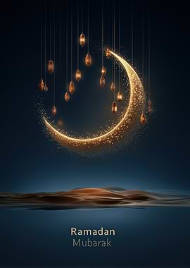 Ramadan Mubarak Crescent Moon and Lanterns
