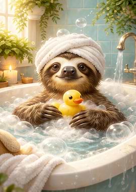 Sloth in Bubble Bath with Duck