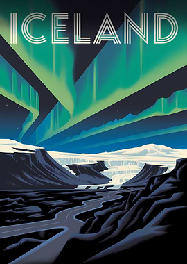 Iceland Aurora Landscape Art Deco Poster