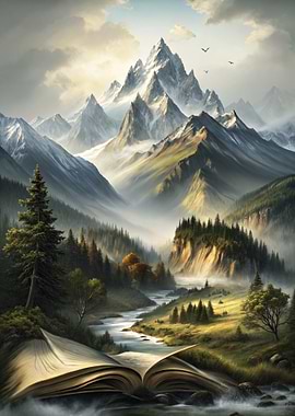 Mountain Landscape Emerging from Open Book Nature