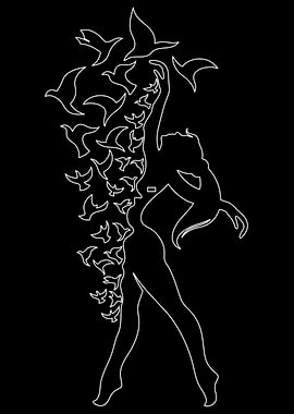Woman with Birds Silhouette Art