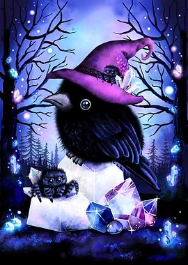 Whimsical Witch Crow with Spider Friends and crystals