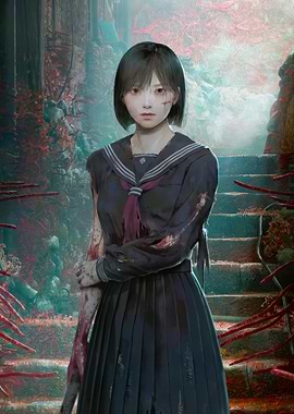 Bloody Schoolgirl in a Dark Setting