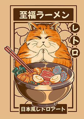 Orange Cat with Ramen Bowl Retro Art