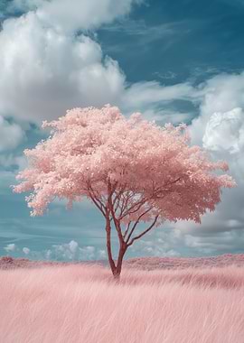 Pink Tree in Field Under Cloudy Sky