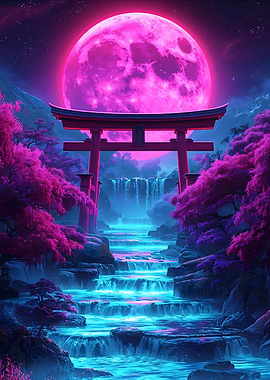 Neon Japanese Landscape with Torii Gate