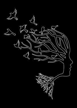 Tree Woman with Birds Silhouette
