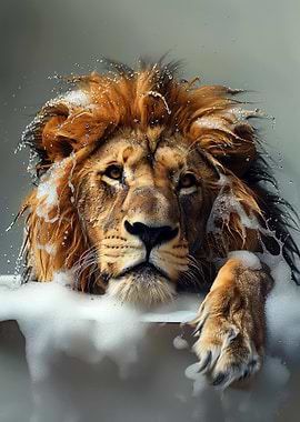 Lion in a bubble bath