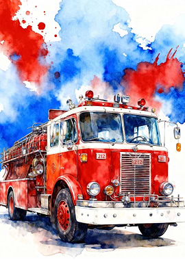 Watercolor Firetruck with Red and Blue Sky