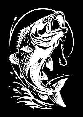 Bass Fish Jumping Black and White