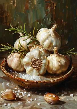 Garlic and Rosemary Still Life Painting