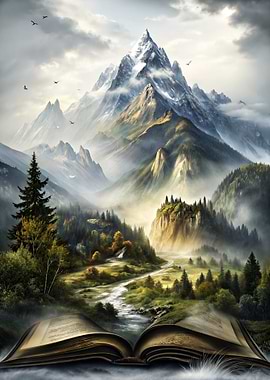 Mountain Landscape Emerging from Open Book Nature