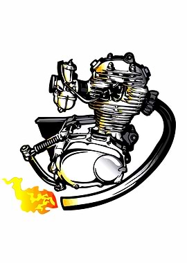 Motorcycle Engine Illustration with Flames