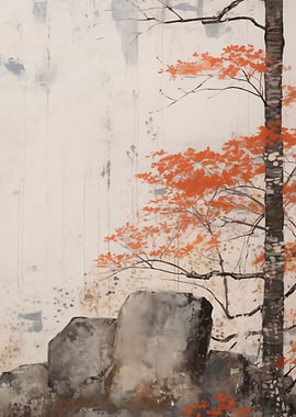 Asian Autumn Tree and Rocks