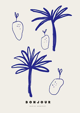 Blue Line Art: Palm Trees and Fruit