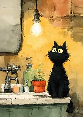 Black Cat in Bathroom Watercolor Painting