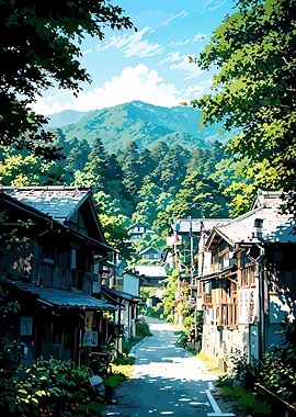 Japanese Village Street with Mountain Backdrop