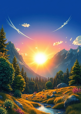 Mountain Landscape at Sunset with Stream