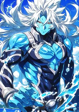 Blue-skinned warrior with white hair