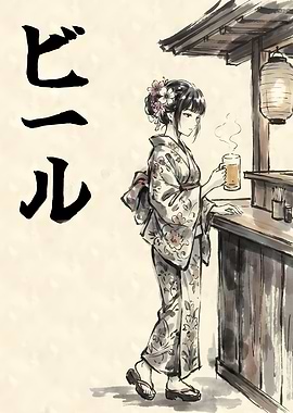 Kimono Girl with Beer at Stall