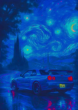 Blue Car Starry Night Art