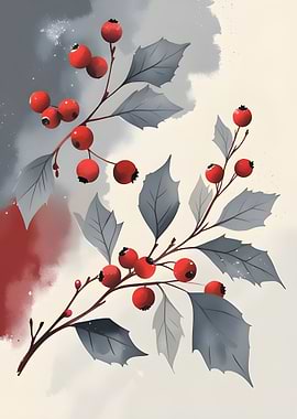 Watercolor Holly Berries and Leaves