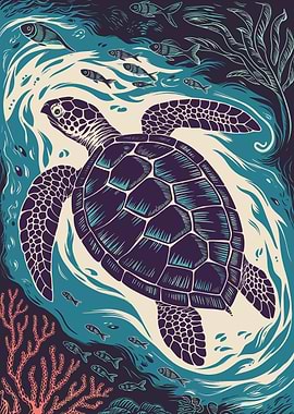 Sea Turtle Illustration with Fish and Coral