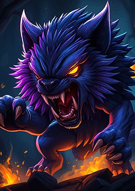 Fierce Blue Werewolf with Glowing Eyes