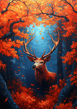 Deer in Autumn Forest Painting