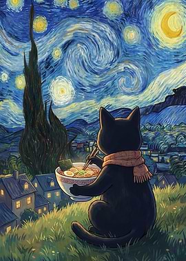 Black cat eating ramen under starry night