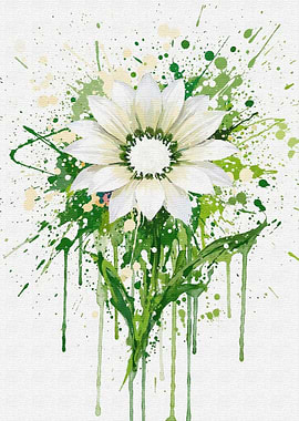 White Flower with Green Splatter Art