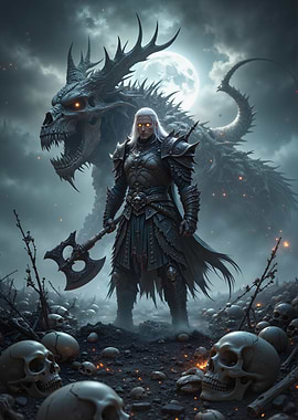 Dark Warrior with Dragon and Skulls