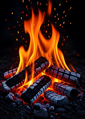 Burning Firewood with Flames and Embers