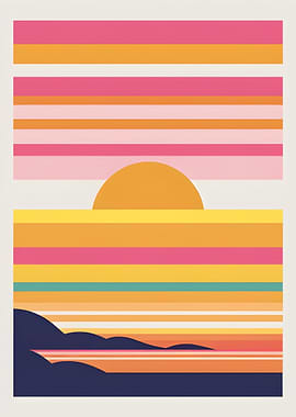 Abstract Striped Sunset Landscape Art