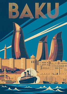 Baku Cityscape Travel Poster Art