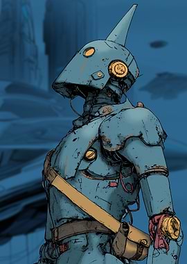 Blue Robot in a Futuristic Cityscape