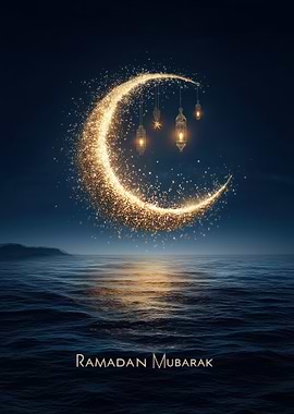 Ramadan Mubarak Crescent Moon Over Water