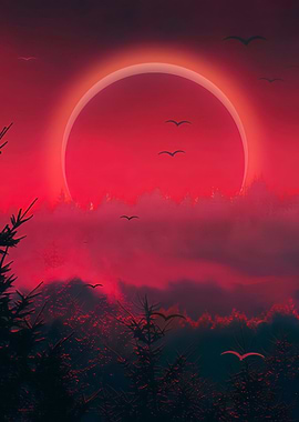 Red Eclipse Over Forest