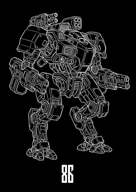 Mech Warrior Line Art on Black