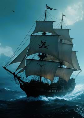 Pirate Ship Sailing on the Ocean